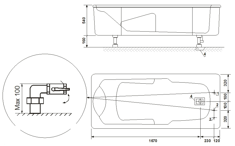 Пример чертежа с подводками для подключения гидромассажной ванны